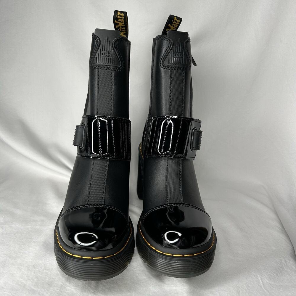 Dr. Martens Gaya Chelsea Strap Black Patent Sendal Leather Heeled Boots Womens 7 - Picture 2 of 9